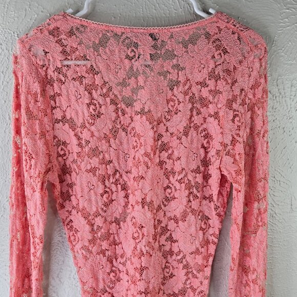 Moda Floral Lace Blouse Medium Pink Sheer Bell Sleeve Dressy Fairy Coquette Top - Picture 7 of 12